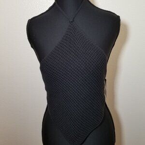 Double Zero Black Crochet Halter Top Womens Large Cropped Hippie Festival NWT